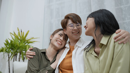 Holiday concept of 4k Resolution. Asian women embracing each other in the house. Young women are in...