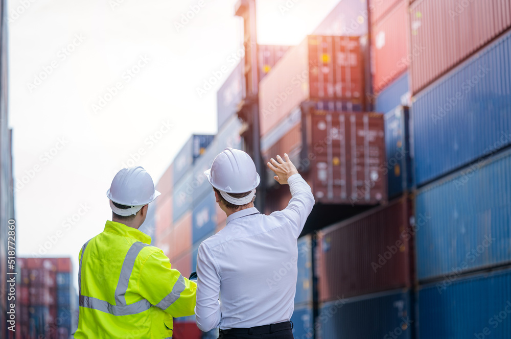 Poster engineers are overseeing the transportation of cargo with containers inside the warehouse,logistic a