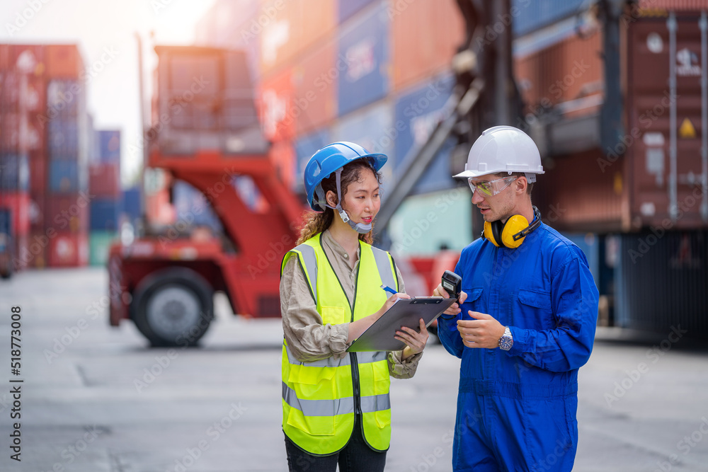 Poster Technicians or engineer with worker planning the transportation for import or export in the container yard warehouse,Container yard warehouse inspection.