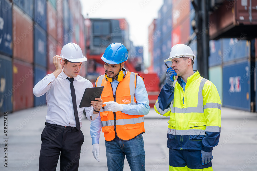 Aufkleber Engineer container cargo with worker working and checking stock into container for loading,logistic and business export,Cargo Shipping Import and Export industry.
