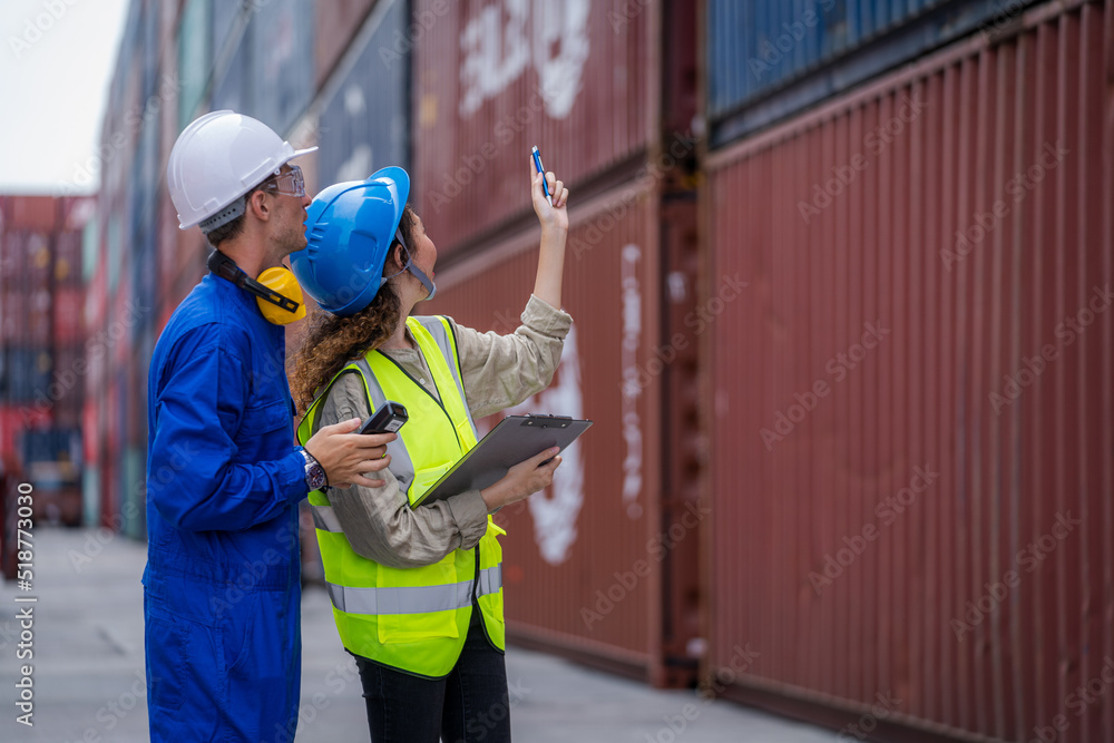 Poster Engineer container cargo with worker working and checking stock into container for loading,logistic and business export.