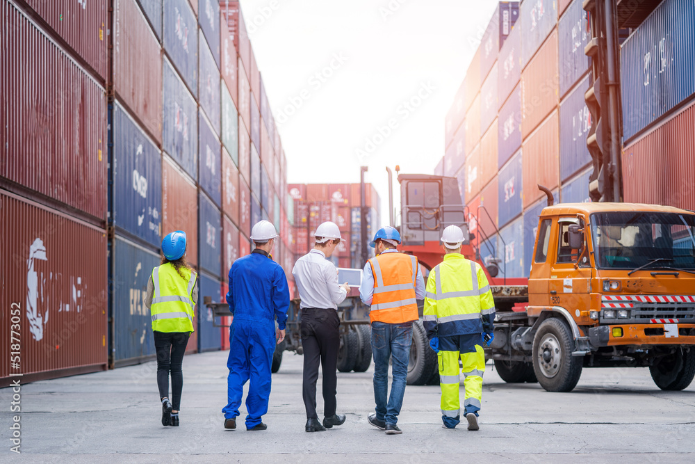 Poster engineer team planning the transportation of goods for import or export in the container yard,logist
