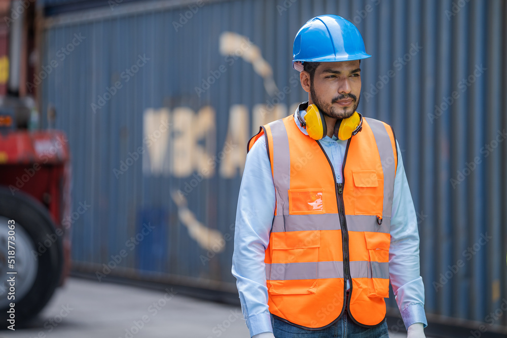 Poster Inspector checking container yard Organising stock to pack into containers,Imported product,Logistics.