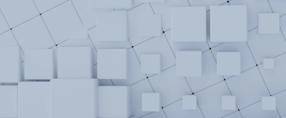 Cubic abstract background. Geometric blue square panels in 3d render digital architecture. Elements of white futuristic data transfer and cluster elements