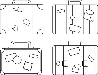 Retro Old Suitcases Line Sketch. Set Of Travel Baggage Vector Illustration In Flat Style
