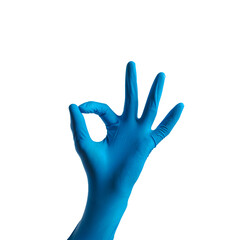 Human hands wearing Variation of latex glove, medical rubber glove isolated on white background.