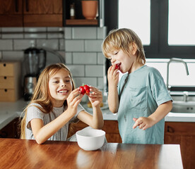 child girl boy kid brother sister food breakfast strawberry fruit berry fresh diet vitamin health...
