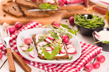 Rye bread with cottage cheese, radish and arugula.