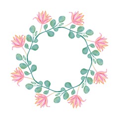Pink flowers wreath illustration isolated on white background. Watercolor flower frame botanical painting.