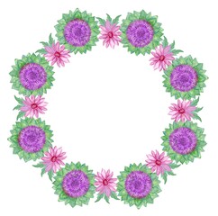 Purple flowers wreath illustration isolated on white background. Watercolor flower frame botanical painting.
