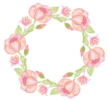 Pink flowers wreath illustration isolated on white background. Watercolor flower frame botanical painting.