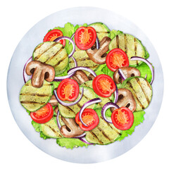 Salad with grilled vegetables and tomatoes watercolor