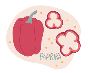 Bell pepper. Whole fruit and chopped pieces. Fresh farm vegetables. Ingredients for cooking. Hand drawn sketch design style for menu, cafe, restaurant, poster, banner, emblem, sticker, recipe design