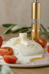 Cheese collection, fresh soft white burrata cheese ball made from mozzarella and cream from Apulia, Italy, close up