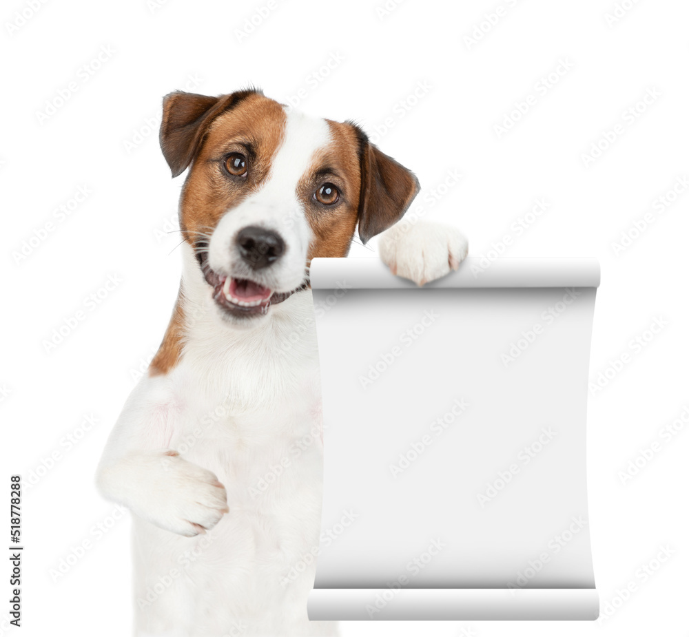 Aufkleber smart jack russell terrier dog points on empty list. isolated on white background