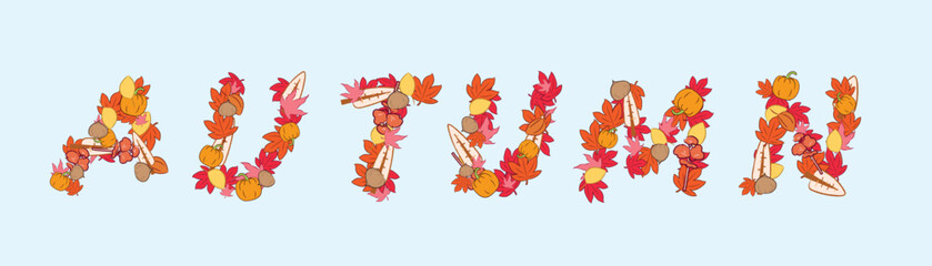 Word autumn in German with autumn's elements decoration in flat vector illustration art design