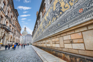 Fuerstenzug, a porcelain mural depicting the saxon emperors in Dresden. - obrazy, fototapety, plakaty