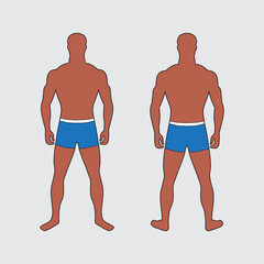 Fototapeta premium Adult muscular man. Impersonal character in blue swimming trunks. Front and back view. Standard male figure. Correct physique and body proportions. Slim tall guy. Symmetrical male silhouette.