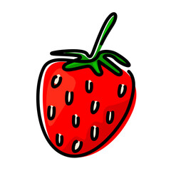Hand drawn one whole strawberry with green leaf isolated on white background. Vector illustration of fruit concept