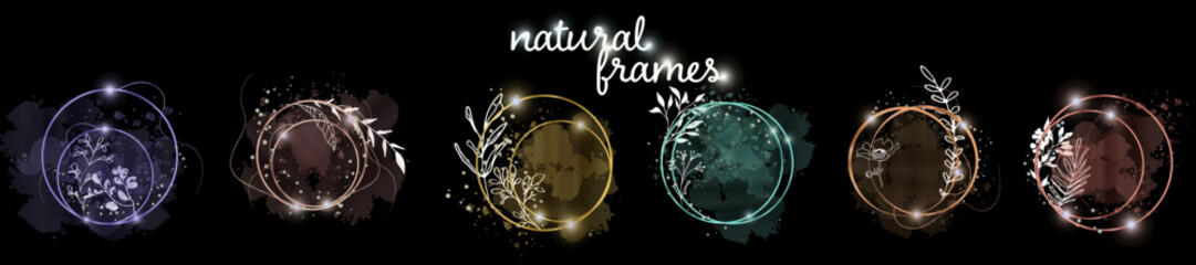 Natural frames. Hand drawn plant set modern and universally usable. Flower branch and minimalistic plants. Hand drawn lines, elegant leaves for your own design. Botanical, chic and trendy plants.