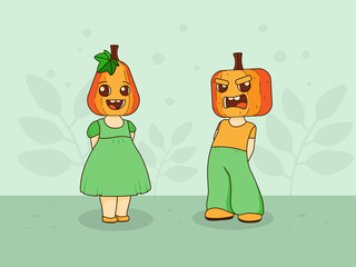 A girl and a boy in a cute pumpkin costume for Halloween. Children's vector illustration in a flat style. Costume party, masquerade