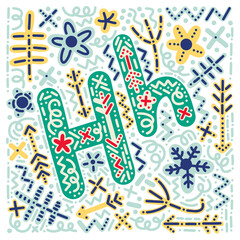 Obraz premium Bright fairy tale scandinavian folk vector poster with letter H. Cliparts, ornaments, floral doodles, arrows, zigzags, seasonal motifs for typography, printing, textiles, decor, interiors, cards, kids