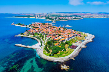 Nessebar (Nesebar), Bulgaria. Aerial view of the ancient seaside town. Black Sea Coast, Burgas