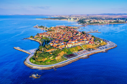 Nessebar (Nesebar), Bulgaria. Aerial view of the ancient seaside town. Black Sea Coast, Burgas