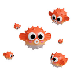 Five orange-white puffer fish with big eyes swimming  Designed with a 3D blender program.
