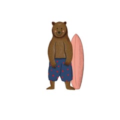 Illustration with big brown bear on blue pants with surfboard. Print with stay animal for summer design, shops, surfing schools, logo, banners, greeting, cards.