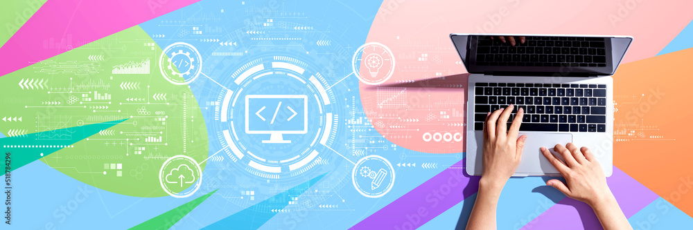 Poster web development concept with person using a laptop computer
