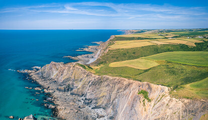 Caunter Beach and Cliffs from a drone, Hartland Cornwall Heritage Coast, South West Coast Path,...