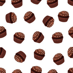 Seamless pattern of chocolate cupcake with chocolate frosting and white sprinkling.