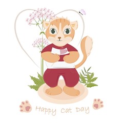 Cartoon cute cat with a lollipop on a beautiful romantic background with flovers and heart.