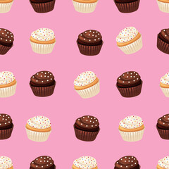 Seamless pattern of chocolate and vanilla cupcake on pink background.
