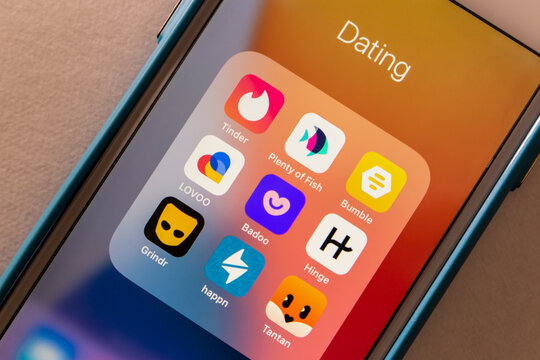 Kumamoto, JAPAN - Jun 27 2022 : Closeup popular dating apps Tinder, Plenty of Fish, Bumble app, LOVOO, Badoo, Hinge app, Grindr, Happn and Tantan on an iPhone