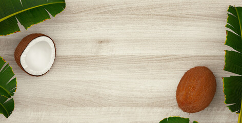 Summer composition. Tropical palm leaves, pineapple, coconut on wooden background. Summer concept. Flat lay, top view, copy space. 3d rendering