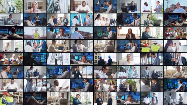 Multi Screen Business Collage Made Of Many Different Footages With Business People Working In Office Or Outdoor. Technology, Investment And Teamwork Concept.