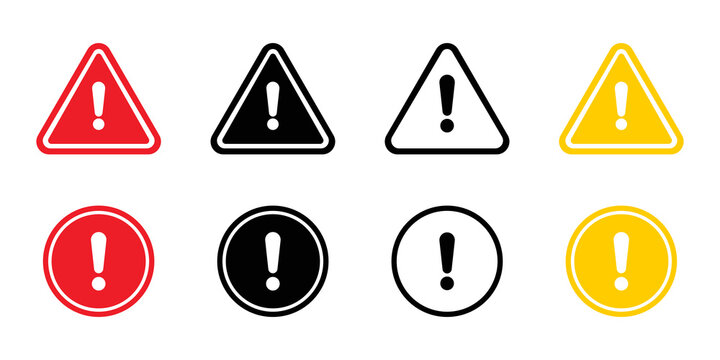 Warning signs with exclamation points set icon. Road traffic, triangle, round, caution, be carefull, danger, ddrive, car, accident. Technology concept. Vector line icon for Business and Advertising