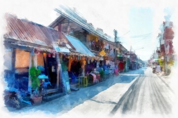 Fototapeta na wymiar Street landscape in a commercial area of rural Thailand watercolor style illustration impressionist painting.