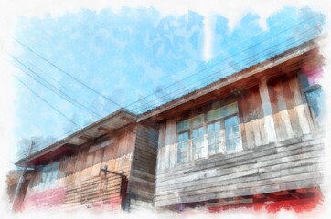 Fototapeta na wymiar Ancient wooden houses in Thailand watercolor style illustration impressionist painting.
