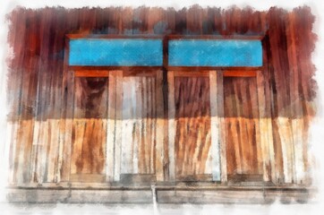 Ancient wooden houses in Thailand watercolor style illustration impressionist painting.