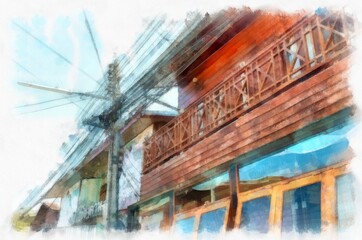 Fototapeta na wymiar Ancient wooden houses in Thailand watercolor style illustration impressionist painting.