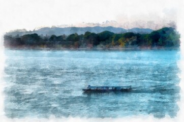 Naklejka premium Landscape of boats sailing on the Mekong River in Thailand watercolor style illustration impressionist painting.