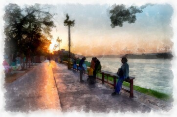 Mekong river landscape of Thailand watercolor style illustration impressionist painting.