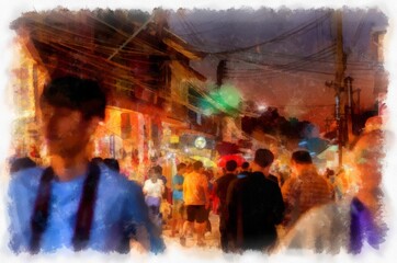 The landscape of the commercial district of a rural town along the Mekong River at night watercolor style illustration impressionist painting.