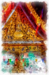The landscape of the commercial district of a rural town along the Mekong River at night watercolor style illustration impressionist painting.