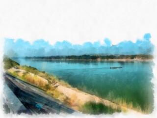 Mekong river landscape of Thailand watercolor style illustration impressionist painting.