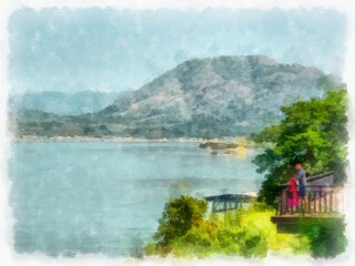 Fototapeta premium Mekong river landscape of Thailand watercolor style illustration impressionist painting.