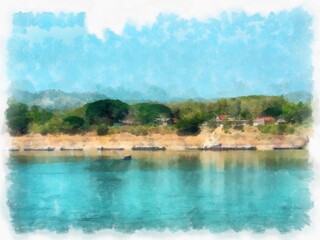 Mekong river landscape of Thailand watercolor style illustration impressionist painting.